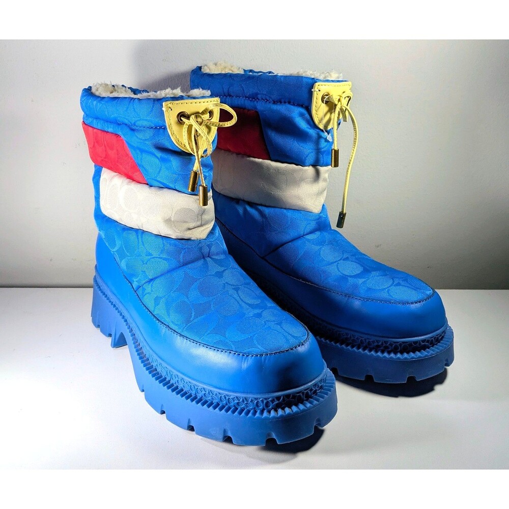 Coach Puffer Snow Boots Womens 8D Blue Signature C Logo Fleece Lined C7739